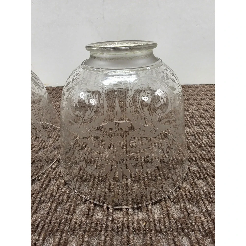 Vintage Pair Etched Glass Lamp Shades Floral Scroll Bell Shape 2.25 In Fitter